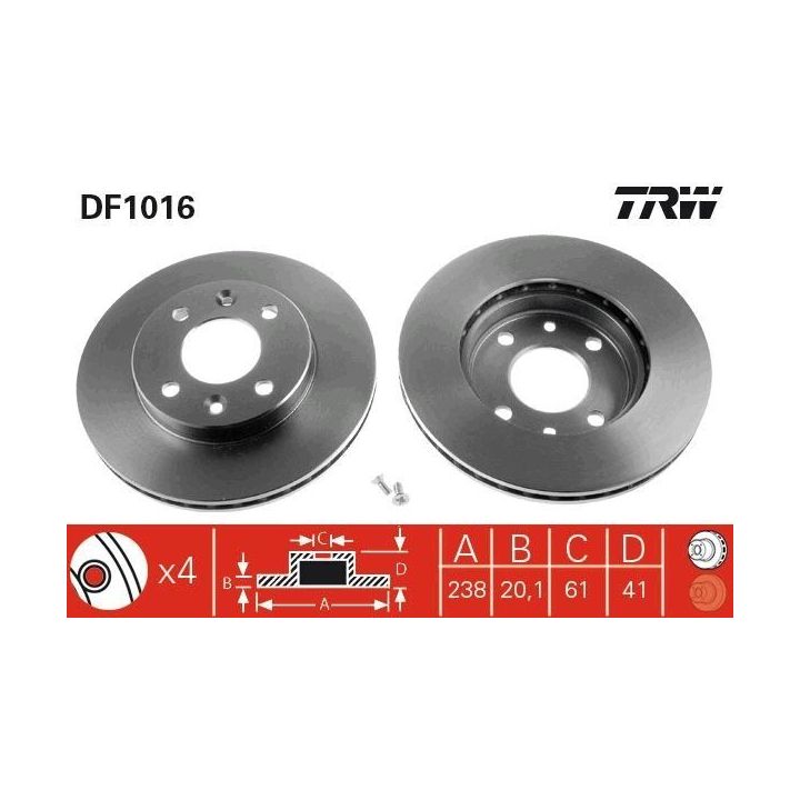 Takım Ön Havalı Fren Diski Küçük Tip 238mm R21 Clio Kangoo Megane İçin (1983-) - TRW DF1016