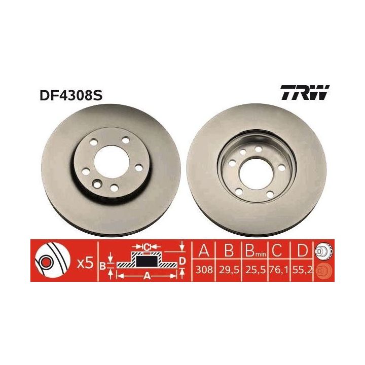 TRW Fren Diski Ön Havalı 308mm Transporter T5 1.9tdi 2.0 2.5tdi 3.2 (03-+) Touareg 2.5tdi (03-06) Caravelle Multivan T5 vb 03-06