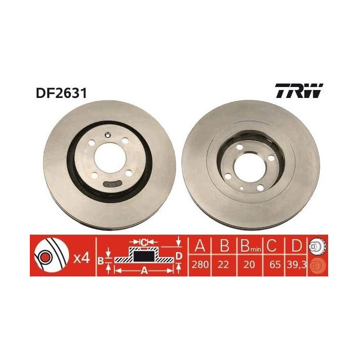 TRW Fren Disk Ön I Seat Cordoba (6k1,6k2, 6k5), Ibiza II (6k1), Toledo I (1L), VW Golf II (19E,1G1), PASSAT (3A2, 35I) 1992-2000