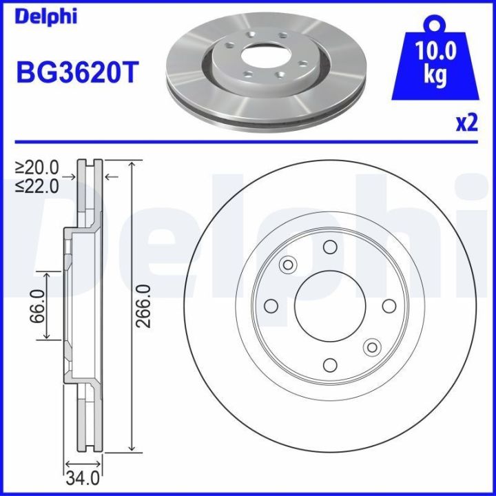 Ön Fren Diski Takımı 266mm Peugeot 206 207 208 307 Partner İçin (2000-) - DELPHI BG3620T